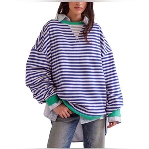 We The Free By Free People Oversized Striped Crewneck Sweatshirt In Sand Dollar